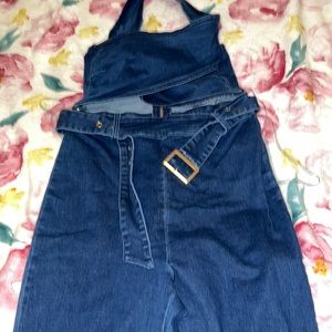 Dark blue denim jumpsuit no sleeve a sexy cross top keep it hot denim -dark wash